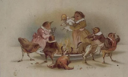 Vogelfamilie, viktorianische Weihnachtskarte